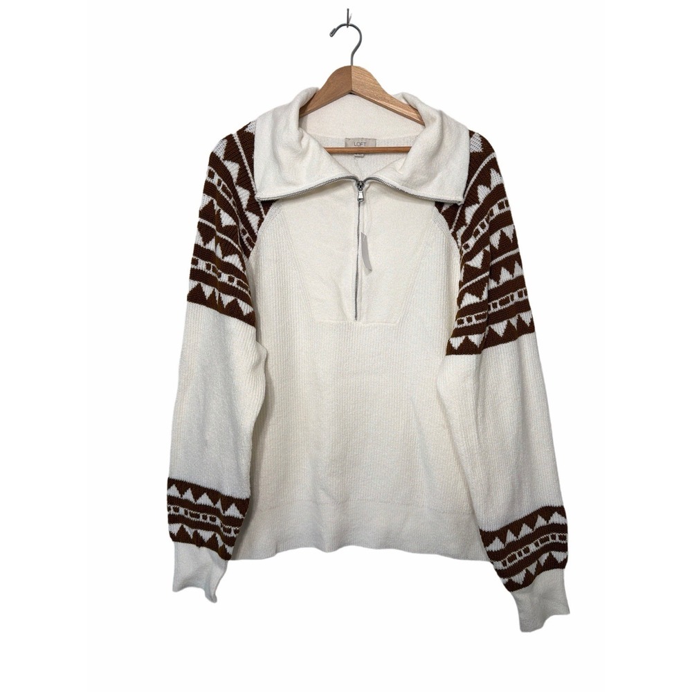LOFT Half-Zip knit Sweater Brown and Cream Geometric Fair Isle XL - NWT